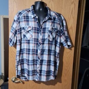 Buckle Men's Short-Sleeve Plaid Button-Down Shirt - Navy, White & Light Orange